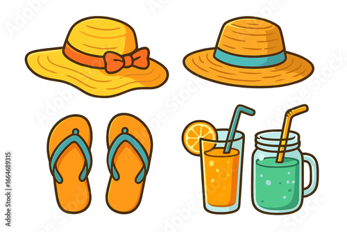 Summer essentials for a perfect beach day featuring stylish sun hats, comfortable flip flops, and refreshing cold drinks. Vector cartoon illustration with transparent background, ordered set of 3
