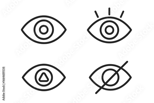 Eye icon set for vision and visibility. Linear outline symbols for seeing, watching, and hidden content. Minimal vector pictogram collection for UI, UX, web, and branding.