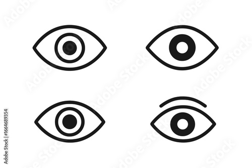 Eye icon set. Simple outline vision symbol collection. Linear look, see and watch icons for branding. Vector illustration for web ui. Ophthalmology and optic logo element.