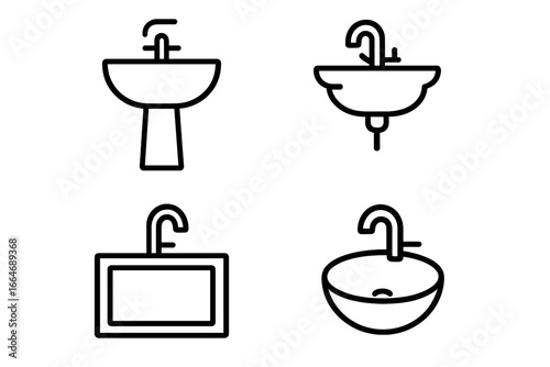 Sink icon set. Wash outline icon collection. Vector bathroom and kitchen fixture symbols. Lavatory, washstand, basin. Faucet pictogram. Plumbing and hygiene concept.