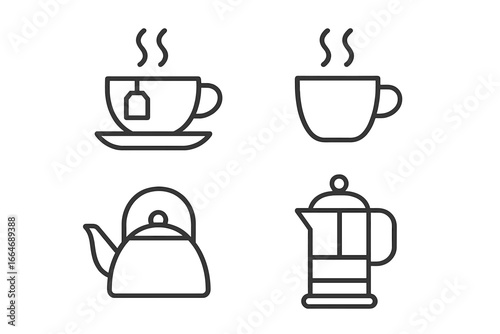 Tea and Coffee Outline Icons Set of 4 – Minimalist Linear Beverage and Kitchen Symbols, Vector Illustration on Transparent Background, Hot Drink Cups, Kettle, French Press