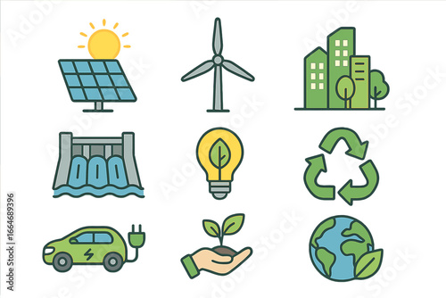 Vector icon set for renewable energy and sustainability. Includes solar panel, wind turbine, hydroelectric dam, green city, recycle symbol, electric car, and planet earth care.