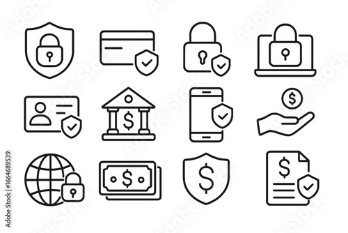 Secure finance and banking line icon set. Outline vector symbols for payment security, data protection, money safety, and online transactions. Financial privacy concept.