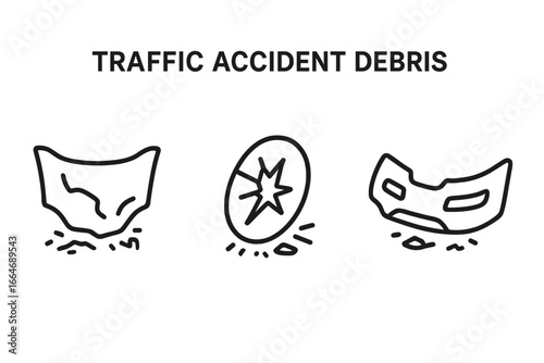 Outline Icons of Traffic Accident Debris Set with Crumpled Hood, Shattered Headlight, and Twisted Bumper Pieces Vector Illustration on Transparent Background