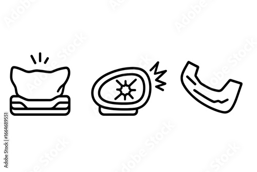 Set of traffic accident icons with outline style showing crumpled car hood, shattered headlight, and twisted bumper piece, vector illustration for crash debris and collision damage