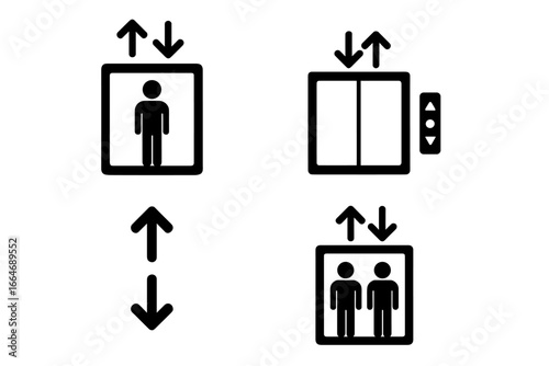 Elevator and lift vector icon set. Simple silhouette pictograms showing people, doors, and direction arrows. For public building signage, web, mobile app UI and UX design.