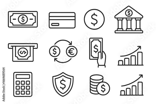 Finance and banking line icon set. Vector symbols for money, payment, and currency exchange. Includes icons for investment growth, bank, ATM, and secure transactions.