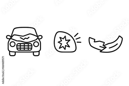 Traffic accident icons set with crumpled car hood, shattered headlight, twisted bumper piece, vector outline illustration of auto collision debris damage on transparent background