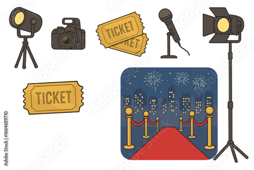 Red carpet event icon set for film premiere or awards ceremony. Vector illustration with tickets, camera, spotlights, and microphone for a gala night celebration concept.