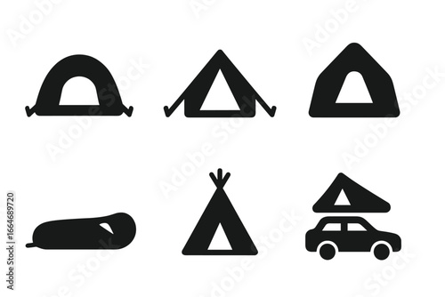 Tent icon collection with diverse solid filled styles including dome tent, A-frame tent, pop-up tent, bivy sack, teepee, and car roof tent vector illustration on transparent background
