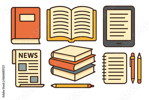 Reading and writing icon collection. Vector set for education, literature, and knowledge. Includes book, newspaper, e-reader, and stationery for study and learning.