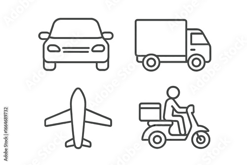 Transportation and delivery icons set of 4, outline linear mobility symbols including car, truck, airplane, scooter with rider, vector illustration on transparent background