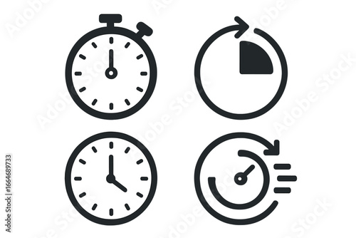 Vector icon set of timers and clocks isolated on a white background. Stopwatch, fast time, and countdown symbols. Chronometer and time management graphic elements for design.