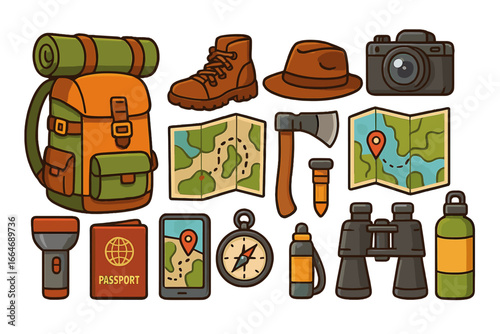 Travel essentials for adventure seekers and globe trotters, outdoor exploration gear, hiking backpack, maps, compass, camera, binoculars, and survival tools cartoon vector illustration