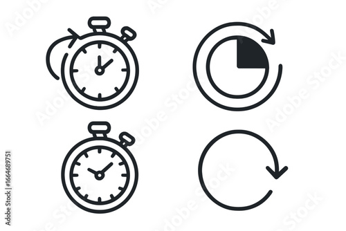 Set of timer and stopwatch line icons. Vector symbols of time, countdown, and clock. Chronometer, fast time, and refresh icons for UI design. Isolated vector elements.