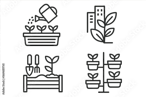 Urban Gardening Line Icons Set of 4 – Stylish Outline Icons with Sustainable Farming, Eco-Friendly Plants, Vertical Farming, and Gardening Tools Symbols