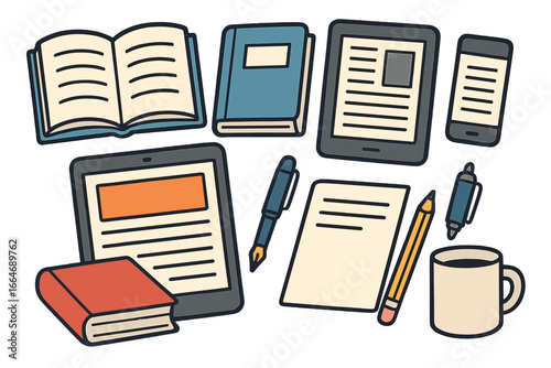 Reading, writing, and learning icon set. Traditional paper book vs digital ebook, tablet. E-learning, literature, knowledge concept. Vector cartoon flat lay illustration.