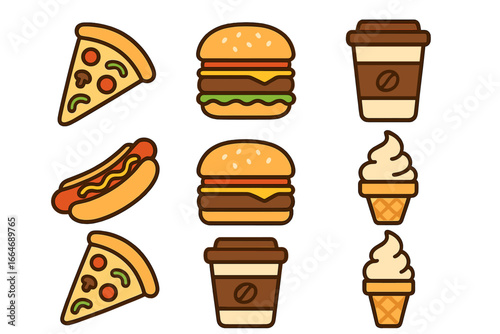 Fast food icons set. Junk food collection with pizza slice, hamburger, hot dog, coffee cup, ice cream cone. Flat design cartoon vector illustration for restaurant menu.