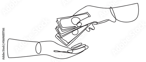 Continuous one line drawing hand receives money from the other hand. Wealth and prosperity concept. Single line draw design. Vector black silhouette. with white background