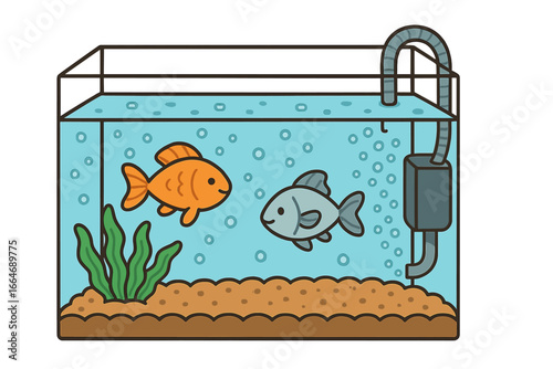 Fish tank vector illustration with two cute cartoon fish. Aquarium with filter, water bubbles, and aquatic plant. Concept for pet care, hobby, goldfish, home aquatic life.