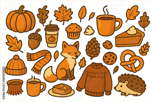 Cozy autumn vector bundle featuring pumpkins, falling leaves, hot drinks, baked treats, warm clothes, cute animals, pinecones, acorns, and harvest icons in warm orange and brown hues for fall design