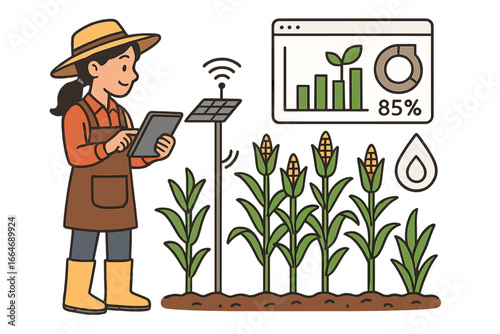 Smart farming agritech concept. Farmer with tablet analyzes data in corn field. Precision agriculture technology for efficiency, sustainability. IOT sensor, solar power.