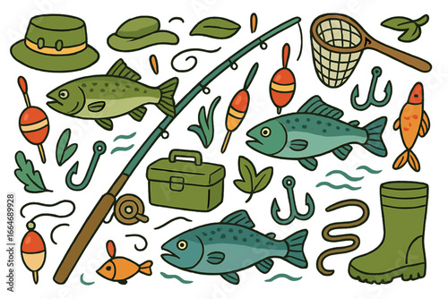 Fishing equipment and gear collection. Cartoon vector icons set for outdoor hobby. Includes fish, rod, tackle box, hook, float, net, bait for angling adventure.