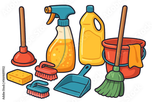 Various cleaning supplies and tools arranged for hygiene and maintenance purposes, vector cartoon illustration with transparent background, household and janitorial equipment set
