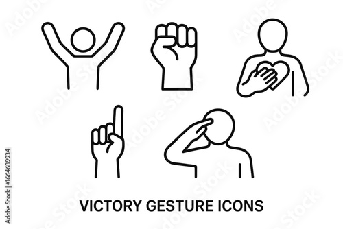 Victory gesture icons outline vector set including raised arms celebration, clenched fist power symbol, hand on heart sincerity, pointing skywards hope, and respectful salute illustration