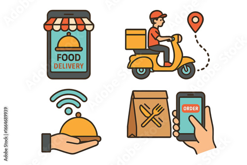 Food delivery service icons for online ordering. Smartphone app for restaurant meal or grocery purchase. Express courier on scooter. Takeaway e-commerce concept vector set.