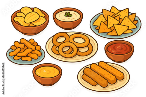 Set of popular snack foods. Fast food appetizers like potato chips, nachos, onion rings, nuggets and mozzarella sticks with dipping sauces. Vector cartoon illustration isolated.