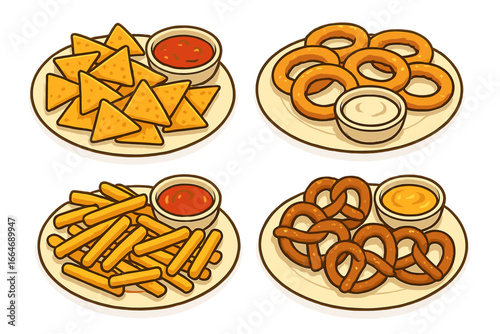 Snack food cartoon vector set. Nachos, french fries, onion rings and pretzels with dipping sauces. Isolated appetizer, party food or menu graphic design elements illustration.