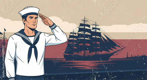 Vintage maritime illustration featuring a saluting sailor against a backdrop of a majestic sailing ship and a textured, aged sky evoking a sense of nautical history