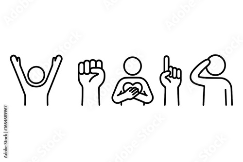 Victory gesture icons set with raised arms, clenched fist, hands on heart, pointing skywards, and salute. Outline style vector illustration for success, celebration, and respect emotions.