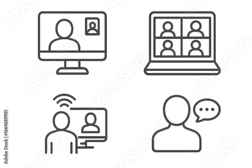 Virtual meeting linear icon set of 4, online digital communication symbols, video call and chat icons, remote teamwork, virtual conference vector illustration transparent background