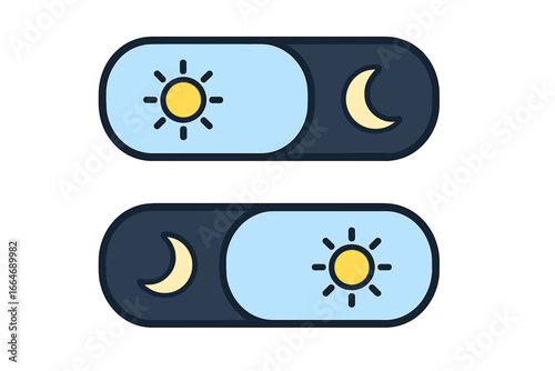 Day and night mode toggle switch vector icon. UI element for mobile app and web design. Sun and moon for light and dark theme switcher. On and off button concept illustration.