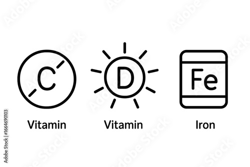Essential Vitamin and Mineral Icons Set. Outline Vector Illustration of Vitamin C Tablet, Vitamin D Sunshine Symbol, and Iron Supplement Bottle for Health and Nutrition Concepts