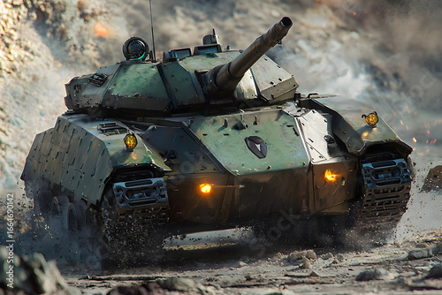Powerful tank maneuvering aggressively across rough terrain conveys strength and military might with a sense of unstoppable force in a challenging war zone