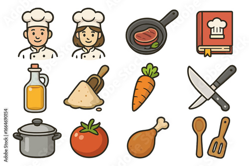 Cooking icon set with male and female chef characters, food ingredients, and kitchen utensils. Vector collection for culinary blogs, restaurant menus, and recipe book graphics.