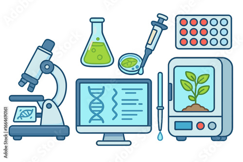 Laboratory tools and equipment for biotechnology advancements. Vector cartoon icon set for science, genetics, and chemistry research with microscope, DNA, plant, flask, pipette.