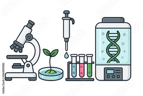 Biotechnology research lab equipment set. Vector cartoon icons of microscope, test tubes, pipette and DNA analysis. Genetic engineering, biology science and chemistry concept.
