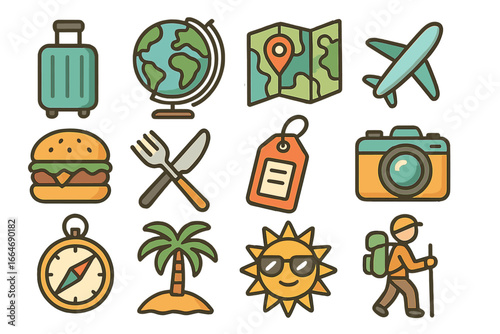 Colorful travel icon set for vacation and tourism. Vector pack with journey symbols like globe, map, airplane, and food. Adventure and exploration concept cartoon illustration.