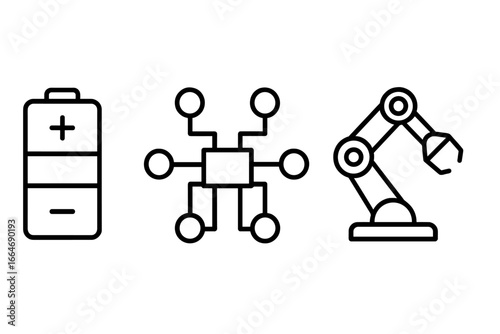 Technology automation icon set. Vector line art of battery, network hub, and robotic arm. Concepts for industry, manufacturing, power, energy, robotics, and engineering.