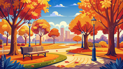 Bright autumn afternoon in park glows with warm colors, golden and red trees shine beneath endless blue, silence embraces air, timeless harmony whispers softly, landscape inspiring serenity, radiant b