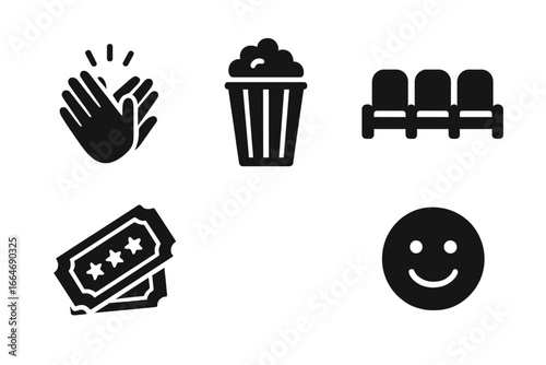 Theater Audience Icons Solid Set, Filled Vector Theater Elements with Clapping Hands, Popcorn, Seats, Tickets, Smiley Face, Entertainment Symbols on Transparent Background