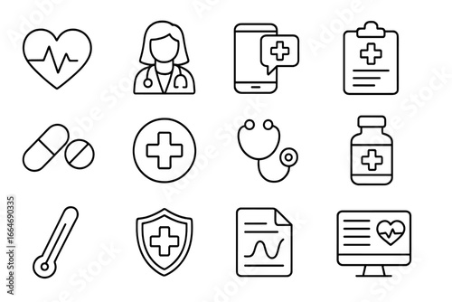 Health and medical outline icon set. Healthcare, telemedicine, and online doctor consultation symbols. Pharmacy, report, dashboard, and insurance vector pictograms.