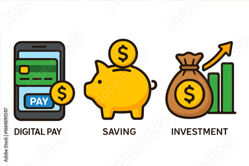 Finance icons for modern money management. Digital payment via smartphone, saving money in a piggy bank, and investment growth concept. Financial strategy vector illustrations.