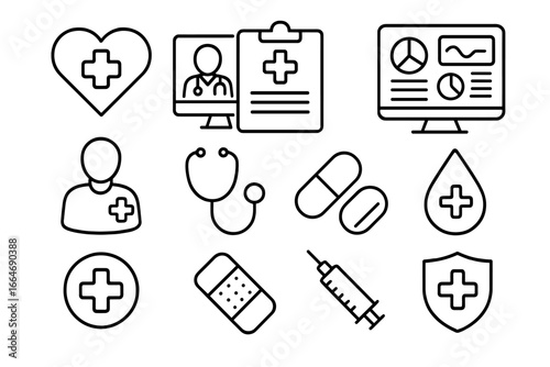 Health and medical outline icon set. Vector symbols for healthcare, telemedicine, online doctor, medical report, health data dashboard, pharmacy, patient care and insurance.