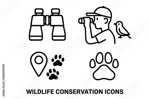 Wildlife conservation and birdwatching icons set with binoculars, tracker footprint, animal paw print, and bird watcher vector illustrations for eco tourism and nature observation