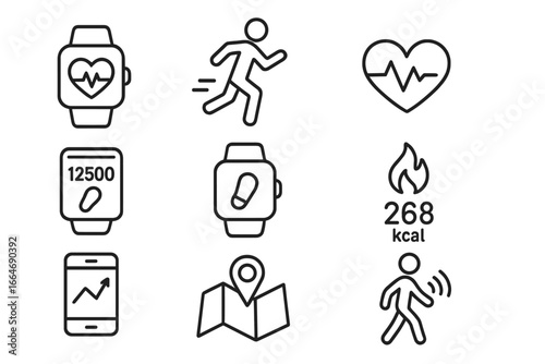 Fitness and activity tracker vector icon set. Wearable technology and health monitoring line icons. Smartwatch, heart rate, running, steps, calories, map, health app symbols.
